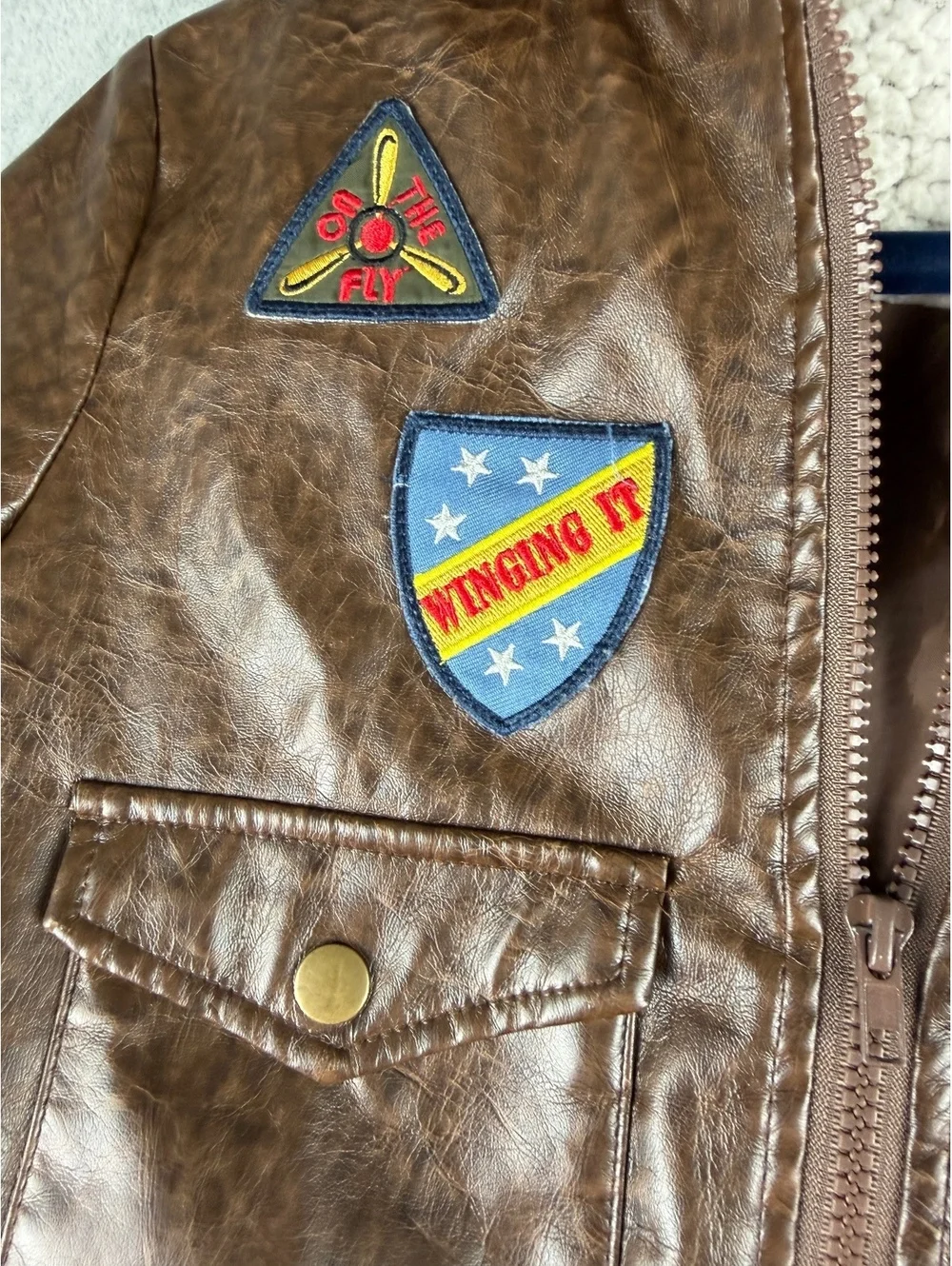 Authentic Kids Aviator Bomber Jacket Size 7 Brown Faux Leather Sherpa